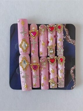 XL fake nails press on nails pink gold gems